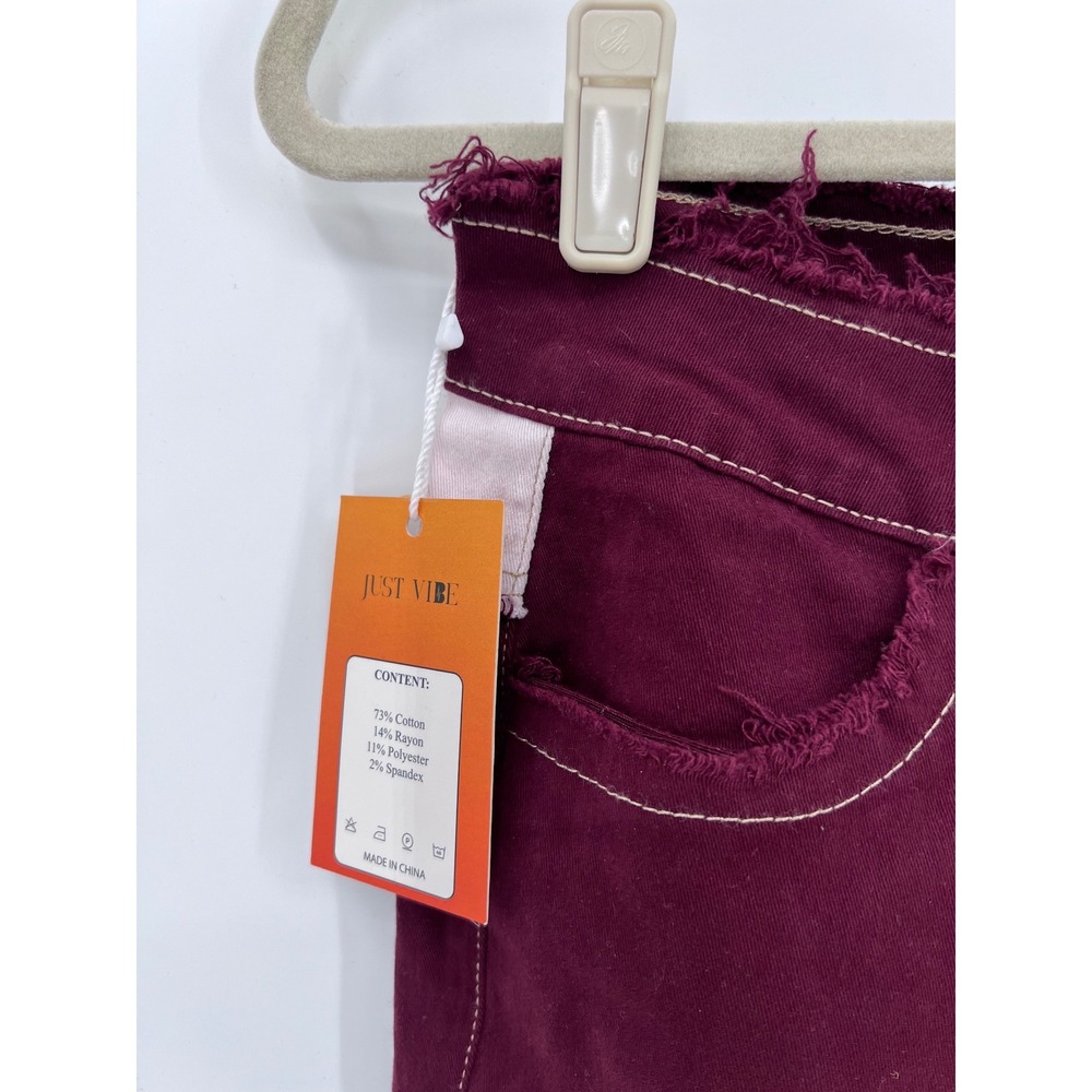 Patchwork Colorblock Jeans Burgundy Tan White Frayed Hem Size M NWT - Picture 4 of 9